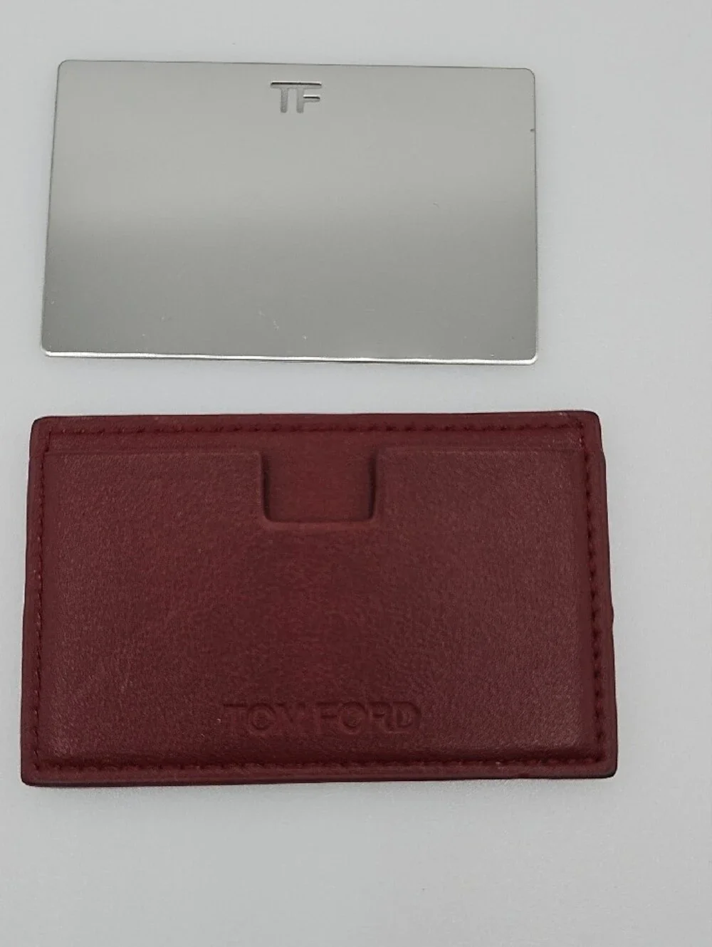 Tom Ford Silver Mirror Card with Burgundy Leather Card Sleeve
